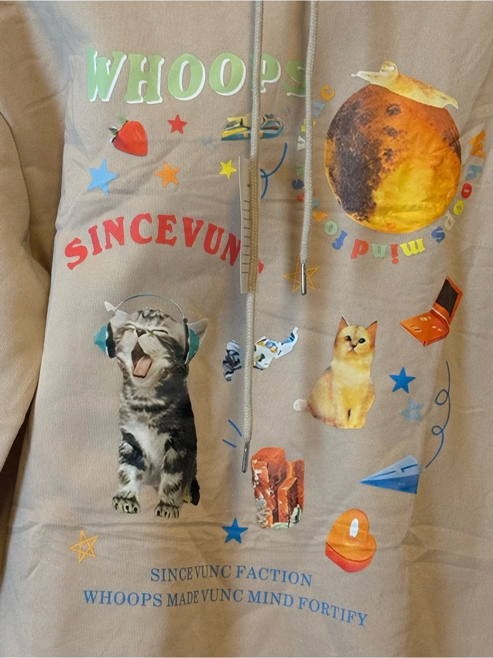 Cat-Themed Beige Hoodie with Colorful Graphic -NWT